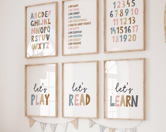 Neutral Playroom Set of 6, Custom Affirmations, Let's Learn Printable, Alphabet Sign, Montessori Wall Art, I Am Poster, Classroom Decor P72N