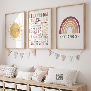 Playroom rules printable set of 3, Custom name poster, Neutral Rainbow, Playroom decor, Siblings room wall art,  Kids playroom, P72S