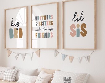 Juego de 3 imprimibles de hermanos y hermanas, póster para sala de juegos, galería de pared para habitación compartida de niños, decoración de pared para dormitorio de hermano mayor y hermana pequeña neutral P72N