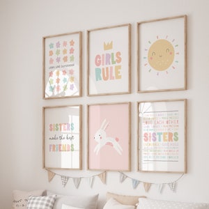 Sisters printable set of 6, Girl room wall art, Playroom sign, Floral room Decor, Pink pastel decor, Little girl nursery, Girls rule P70TH