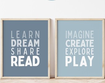 Playroom Set of 2, Let's Read Sign, Let's Play Poster, Youngster Boy bedroom Decor, Homeschool Wall Art, Educational Printable P12G