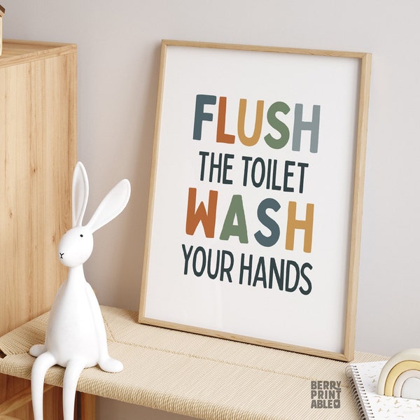 Kids Bathroom wall art, Bathroom Printable decor, Kids Wall art, Children bathroom sign, Toddler bathroom decor, Wash your hands, Flush P12S