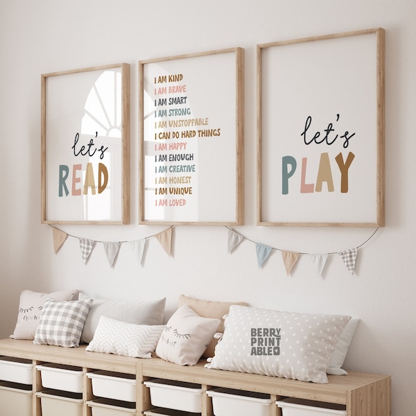 Neutral Playroom Set of 3, Positive Affirmations for Kids, Let's Play Printable, Let's Read Sign, Kids Playroom Wall Art, I Am Poster, P72N