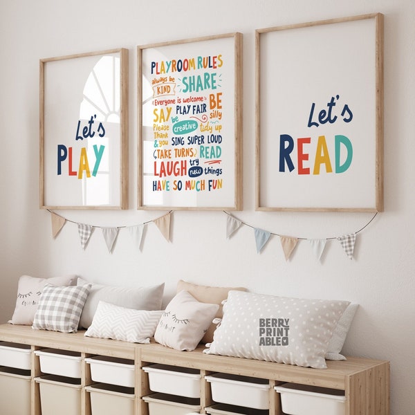 Playroom rules printable wall art, Kids Room Decor, Playroom sign, Let's Play Let's Read sign, Colorful decor, Homeschool Decor, P12N