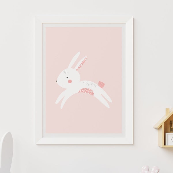 Pink bunny printable, Girl room wall art, Floral room Decor, Rabbit Woodland themed room, Pink pastel decor, Little girl nursery P70TH