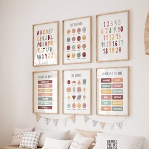 Juego de 6 piezas de decoración para el aula, sala de juegos para niños, póster "Mis sentimientos", arte de pared de aprendizaje, formas, números, decoración de la escuela en casa, alfabeto, Montessori P72S