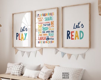 Playroom rules printable wall art, Kids Room Decor, Playroom sign, Let's Play Let's Read sign, Colorful decor, Homeschool Decor, P12N