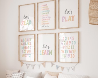 Girl Playroom Set of 6, Custom Affirmations, Let's Learn Printable, Alphabet Sign, Montessori Wall Art, I Am Poster, Classroom Decor P70TH