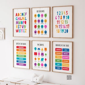 Rainbow Classroom Decor Set of 6, Custom sign, My feelings poster, Learning wall art, Shapes, Numbers, Homeschool Montessori, Alphabet, P72R