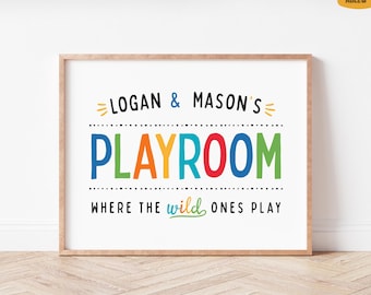 Playroom Printable Wall Art, Custom Name Poster, Boys Room Decor, Kids Homeschool Sign, Primary Colors, Where the Wild Ones Play, P12R