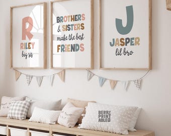 Kids bedroom Printable wall art Set of 3, Custom poster, big sis lil bro sign, Playroom sign, Brothers and sisters decor, P72N, DIGITAL FILE