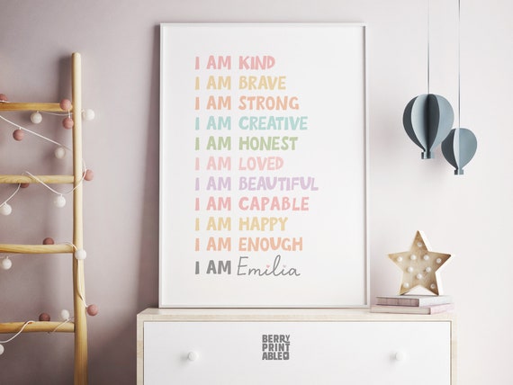 Affirmations printable wall art, Custom Affirmations for girls, Daily reminder sign, I am poster, Playroom decor, Bathroom wall art P70TH