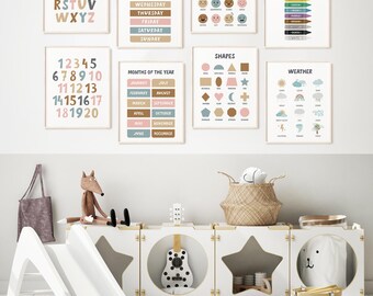 Neutral Educational Posters Set of 8, Kids Playroom, My Feelings, Learning Wall Art, Numbers, Homeschool, Preschool Alphabet P72N