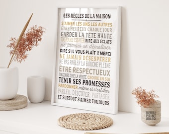 Les règles de la maison wall Art, Zasady domowe po francusku, Wydruk do salonu, Prezent na nowy dom, Wystrój domu, Tabliczka powitalna,
