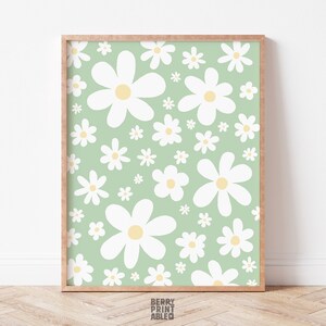 Arte murale stampabile con fiori di margherita, verde salvia, decorazione per camera da letto per bambine, decorazione per sala giochi, poster con fiori di campo, arte murale per cameretta dei bambini, P70R
