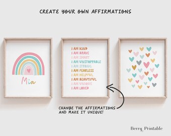 May include: Three printable wall art designs featuring a rainbow with a heart, a list of positive affirmations, and a pattern of colorful hearts. The text on the affirmation print reads "I am kind, I am brave, I am smart, I am unstoppable, I am strong, I am fearless, I am helpful, I am beautiful, I am unique, I am loved".