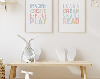 Playroom Set of 2, Let's Read Printable Sign, Kids Playroom Wall Art, Homeschool Poster, Rainbow pastel decor, Montessori poster P72RP
