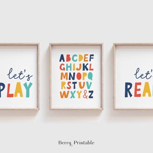 Playroom set of 3 download Prints, Boy Room Decor, Let&#39;s Read sign, Playroom Wall Art, Homeschool poster, Preschool printable, ABC print