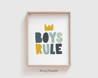 Boys rule wall print - Shared room poster - Boy room wall art - Brothers Printable decor - Neutral play room colours - Instant download