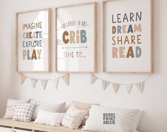 May include: Three framed prints with colorful text on a white background. The prints feature the words "Imagine Create Explore Play", "Welcome to my Crib Time to...", and "Learn Dream Share Read".