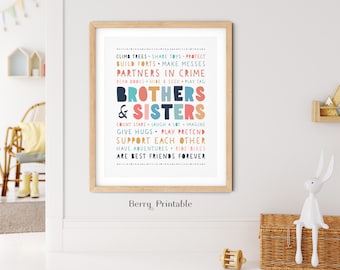 Brothers and sisters printable sign, Shared room poster, Playroom decor, Rainbow colors wall art, Kids room decor, Siblings poster, P72C