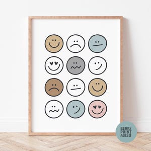 Gevoelens grafiek afdrukbaar, smileyposter, speelkamerdecor, neutrale kleuren muurkunst, peuterkamerinrichting, kinderkamerkunst, kinderbadkamer P72N