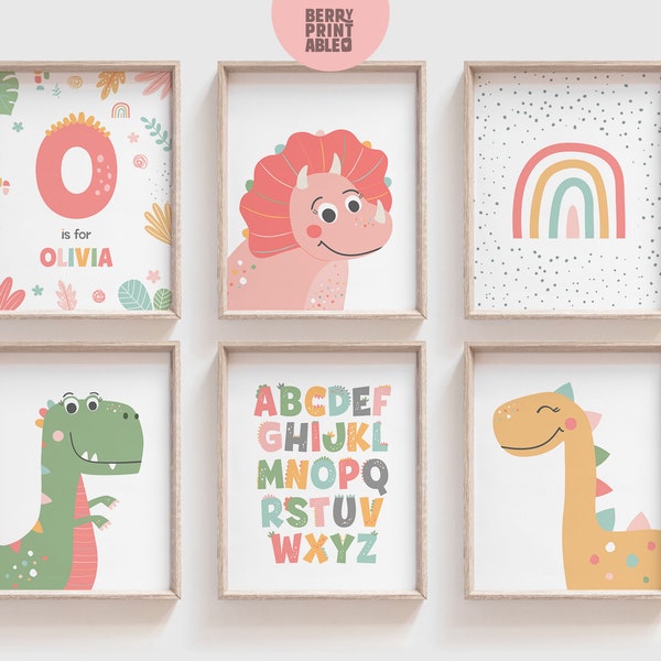 Dinosaur wall decor set, Personalized poster, Alphabet sign, Girl printable wall rainbow, T-Rex room decor, Dinosaur pink Theme Nursery P70D