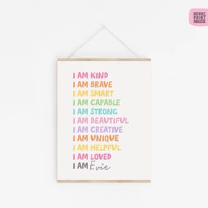 Affermazioni stampabili da parete, nome personalizzato per bambine, cartello promemoria giornaliero per bambini, poster "Io sono", decorazione per sala giochi, bagno per bambini P70P