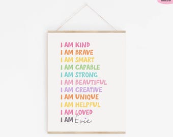 Affirmations Printable Wall Art, Custom Name For Girls, Daily Reminder Sign for Kids, I am poster, Playroom Decor, Youngster Bathroom P70P