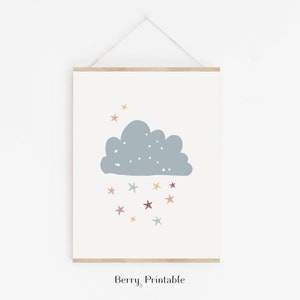 May include: A printable wall art design featuring a light blue cloud with white dots and a shower of colourful stars in shades of pink, orange, red, and blue.