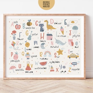 Arte de pared imprimible con paisaje del alfabeto, cartel del alfabeto, póster para habitación de niños, decoración neutra para guardería, arte de pared para sala de juegos, aula Montessori P120N