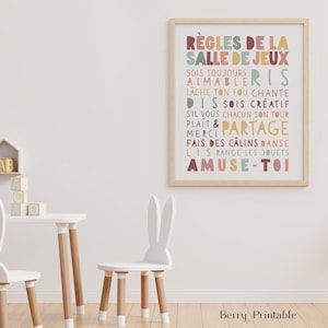 Playroom rules in French wall Art, Kids Room printable, Rainbow Playroom Ideas, Neutral decor, Shared room sign, Salle de jeux décor, P72S