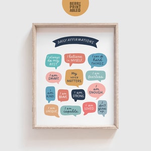 Arte de pared con afirmaciones positivas, arte de pared imprimible para niños, póster "Yo soy", decoración en colores neutros, arte de pared para baño infantil, decoración infantil P72C