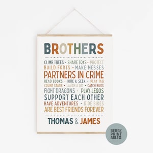 May include: A printable wall art design with the word "Brothers" in large, brown letters. The design features a list of activities brothers do together, such as "climb trees", "share toys", "build forts", and "play tag". The names "Thomas & James" are at the bottom of the design.