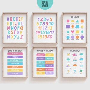 Juego de 6 decoraciones para aulas en color rosa, sala de juegos para niños, gráfico meteorológico, arte de pared de aprendizaje, formas, números, decoración de educación en el hogar, alfabeto, Montessori P70P