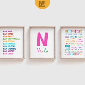 Affirmations wall art set of 3, Custom Affirmations for kids, Playroom rules sign, Rainbow playroom decor, Homeschool, I am poster P72R