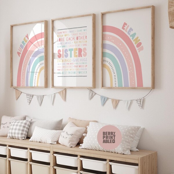 Sisters wall art, Girl bedroom Printable decor, Rainbow art, Personalized playroom poster, Siblings room decor,  DIGITAL DOWNLOAD P72RP