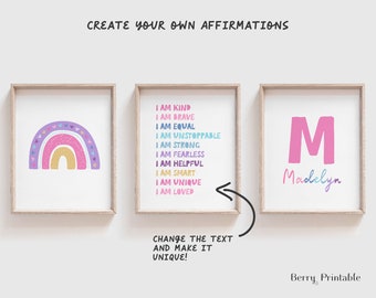 May include: Three printable wall art prints with a rainbow, affirmations, and a personalized initial and name. The rainbow is pink, purple, and blue with a gold outline. The affirmations are in a colorful font and include phrases like "I am kind", "I am brave", and "I am loved". The initial is a pink "M" and the name is "Madelyn".