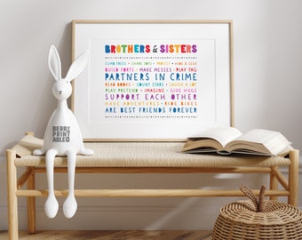Brothers and sisters printable sign,  Shared room poster, Playroom decor, Rainbow colors wall art, Kids room decor, Siblings poster