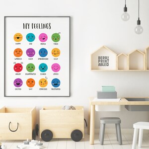 Cuadro imprimible de sentimientos, póster de emociones, letrero de colores primarios, decoración Montessori para la educación en casa, letrero para la sala de juegos de los niños, decoración del aula P72R