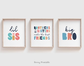 Juego de 3 imprimibles "Hermano mayor y hermana pequeña", arte de pared "Hermanos y hermanas hacen los mejores amigos", póster para sala de juegos, arte de pared colorido, P72C
