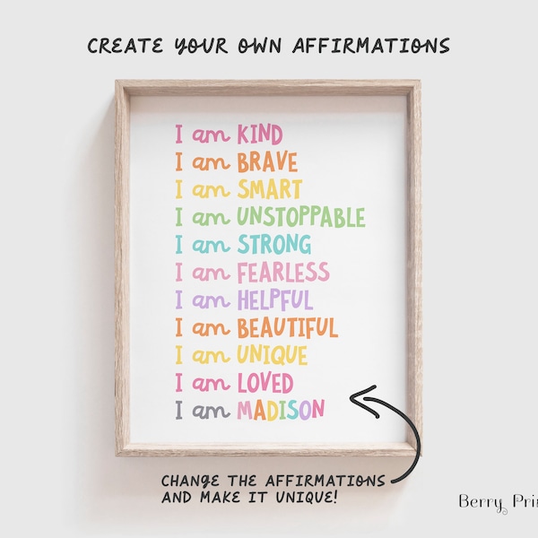 Affirmations printable wall art, Custom Affirmations for girls, Daily reminder sign for kids, I am poster, Rainbow decor, DIGITAL FILE