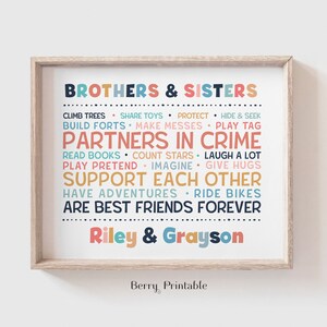 Pu&ograve; includere: Una stampa d'arte da parete stampabile colorata con il testo "Brothers & Sisters" in un grande carattere. Il testo &egrave; circondato da parole pi&ugrave; piccole che descrivono il rapporto tra fratelli, come "arrampicarsi sugli alberi", "condividere i giocattoli", "proteggere", "nascondino", "costruire forti", "fare disordine", "giocare a tag", "complici nel crimine", "leggere libri", "contare le stelle", "ridere molto", "fare finta", "immaginare", "fare le coccole", "sostenersi a vicenda", "fare avventure", "andare in bicicletta" e "essere i migliori amici per sempre". I nomi "Riley & Grayson" sono stampati nella parte inferiore della stampa.