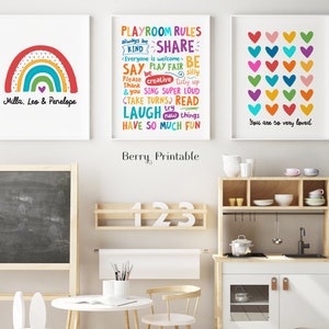 Playroom rules printable wall art, Rainbow Print Set of 3, Custom name poster, Kids bedroom decor, Siblings wall decor, DIGITAL FILE P72R