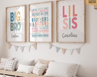 Brothers and Sisters Printable Set of 3, Custom Poster, Kids Playroom Sign, Siblings Rainbow Wall Art, Nursery Decor, Pink And Blue P72P