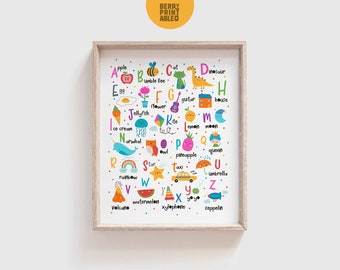 May include: A colorful alphabet chart with illustrations for each letter. The chart features a variety of animals, objects, and foods, such as a cat, a dinosaur, a guitar, a house, a lemon, a moon, a pineapple, a queen, a rainbow, a star, a taxi, an umbrella, a volcano, a watermelon, a xylophone, and a zeppelin.