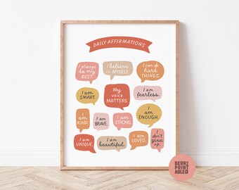 Arte de pared con afirmaciones positivas, arte de pared imprimible para niña, póster "Soy", decoración en colores pastel, arte de pared para habitación de niña, decoración infantil.