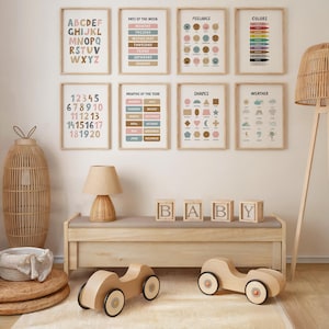 Neutral Educational Posters Set of 8, Kids Playroom, My Feelings, Learning Wall Art, Numbers, Homeschool, Preschool Alphabet P72N