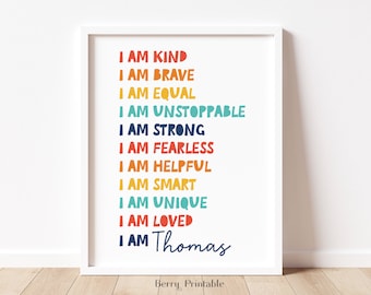 Affirmations printable wall art, Custom Affirmations for kids, Daily affirmations, I am poster, Toddler Playroom decor, P12N, DIGITAL FILE
