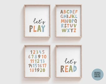Playroom Set of 4, Let's Learn Printable, Let's Read Sign, Kids Playroom Wall Art, Alphabet Poster, Classroom set, Education printable P12F